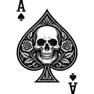 Peut inclure: Carte d'As de Pique en noir et blanc avec un crâne orné de roses et de détails décoratifs. La carte porte la lettre "A" et un symbole de pique en haut et en bas.