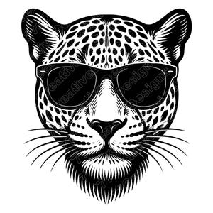 May include: Black and white illustration of a leopard's face wearing sunglasses. The leopard's fur is spotted, and the sunglasses are rectangular. The image is a graphic design, likely for apparel or home decor.