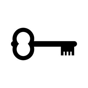 May include: A solid black silhouette of a vintage-style skeleton key. The key features a rounded, figure-eight shaped bow at one end, a long straight shank, and a bit with three distinct rectangular teeth at the opposite end of the design.