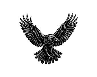 May include: A black and white graphic illustration of a raven in flight with its wings fully extended upward. The bird is depicted with detailed line work showing individual feathers on the wings and tail, facing slightly to the right side.