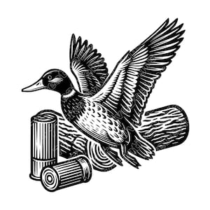 Op de afbeelding: Zwart-wit illustratie van een eend in vlucht, met wijd uitgespreide vleugels. De eend bevindt zich boven twee hagelpatronen en een boomstam. De afbeelding is in houtsnede stijl.