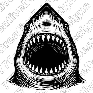 May include: A black and white illustration of a shark's head with its mouth wide open, showcasing sharp teeth. The image is a detailed, stylized drawing, with visible lines and shading to create depth and texture. The design is bold and graphic.