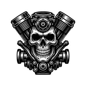 Könnte beinhalten: Eine schwarz-weiße grafische Illustration, die einen menschlichen Schädel zeigt, der in ein V-Motor-Design integriert ist. Der Schädel ist mittig platziert, flankiert von zwei gerippten Motorzylindern, mit sichtbaren mechanischen Bauteilen.