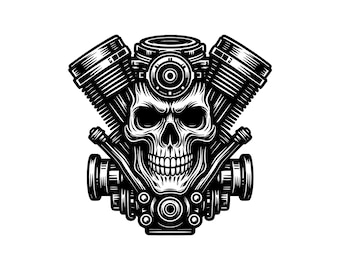Illustration vectorielle d'un crâne de moteur de moto, SVG, PNG, JPG, art et clipart de crâne, silhouette de crâne, crâne de motard, crâne de moteur