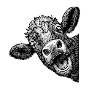 Puede incluir: Ilustración en blanco y negro de la cabeza de una vaca, que aparece de lado. La vaca tiene una expresión de sorpresa con los ojos muy abiertos y la boca abierta. La imagen está detallada con líneas finas, creando un efecto texturizado.