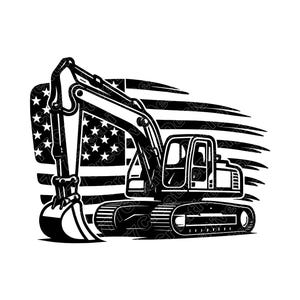 May include: Black and white illustration of an excavator with an American flag design in the background. The excavator is a construction vehicle with a large bucket and tracks. The flag features stars and stripes.