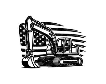 Ilustración vectorial de excavadora con bandera estadounidense, excavadora SVG, excavadora PNG, JPG, clipart de excavadora, silueta de excavadora, excavadora estadounidense