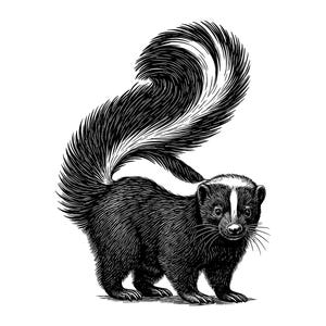 Puede incluir: Una ilustración en tinta negra y blanca de una mofeta de perfil. El animal presenta una cola prominente y tupida arqueada sobre su espalda, una textura de pelaje detallada y una franja blanca distintiva que recorre la cabeza y el lomo.