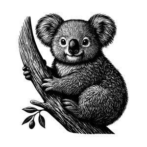 May include: A black and white ink-style illustration of a koala with fluffy ears and textured fur, clinging to a tree branch. The koala is depicted with a small nose and round eyes, while the branch features detailed bark and a small sprig of leaves.
