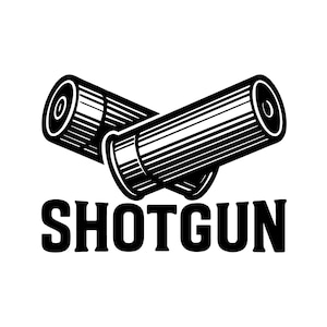 May include: A black and white graphic illustration featuring two crossed shotgun shells positioned above the word SHOTGUN in a bold, sans-serif typeface. The shells are depicted with detailed line work showing the ribbed texture of the casing.