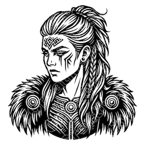 Puede incluir: Ilustración en blanco y negro de una mujer guerrera con intrincados diseños faciales y una prenda con ribete de piel. Su cabello está peinado con trenzas y una cola de caballo alta. El diseño presenta patrones geométricos y una expresión seria.