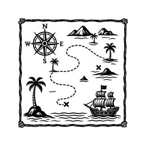 Könnte beinhalten: Eine schwarz-weiße Illustration einer Schatzkarte mit einem seilartigen Rand. Die Karte zeigt eine Windrose, Inseln mit Palmen, einen gepunkteten Pfad, der zu zwei mit X markierten Stellen führt, und ein Segelschiff auf dem Wasser.