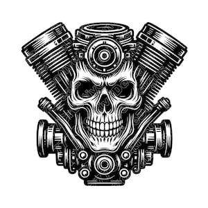 May include: Black and white illustration of a skull integrated into a motorcycle engine. The design features pistons, gears, and other mechanical components, creating a bold and edgy aesthetic. The skull's details are intricately rendered.