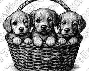 Cute Puppies In Woven Basket Vector Illustration, Svg, Png, Jpg, Puppy Art, Dog Clipart, Cut Files, Puppy Silhouette, Puppies, Adorable Dogs