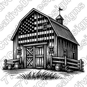 May include: Black and white illustration of a barn with the American flag design on the front. The barn has a pitched roof, double doors, and small windows. A fence and barrels are in front of the barn, with grass at the bottom.