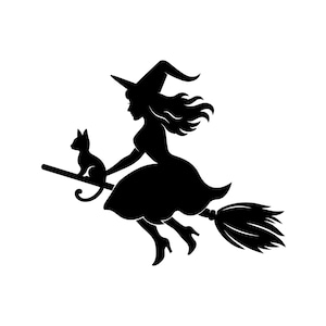 May include: A black silhouette graphic featuring a figure wearing a pointed hat and a dress, riding a broomstick. A small cat is perched on the broomstick in front of the figure. The design is rendered in solid black against a plain white background.