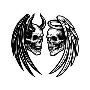 May include: A black and white graphic illustration featuring two skulls facing each other. The left skull has two curved horns and a large feathered wing. The right skull features a circular halo above it and a large feathered wing extending outward.