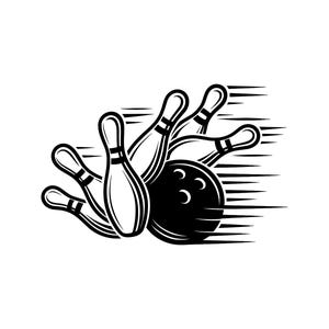 Ilustração vetorial de strike no boliche, SVG de boliche, PNG de boliche, JPG, arte e clipart de boliche, silhueta de boliche, bola de boliche, pinos de boliche