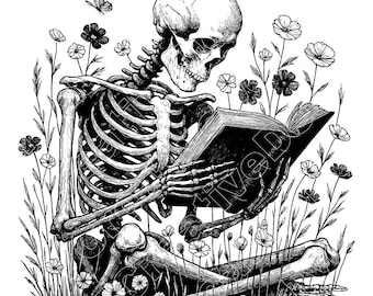 Buch lesen Skeleton Vektor-Illustration, Skelett svg, Buch Png, Jpg, Skeleton Art & Schädel Clipart, Skelett Silhouette, lesendes Skelett