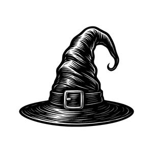 May include: A black and white graphic illustration of a pointed hat with a wide brim and a buckled band. The design features detailed line work and shading, depicting a tall, slightly curved crown that tapers to a curled tip at the top.