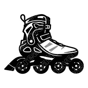 Könnte beinhalten: Schwarz-weiße Illustration eines Rollschuhs. Der Schuh hat ein hoch geschnittenes Stiefeldesign mit Schnallenverschluss und eine Reihe von Rädern zum Gleiten. Das Design ist eine Silhouette, mit sichtbaren Details.