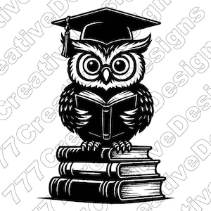 Owl On Books Vector Illustration, Owl Svg, Owl Png, Owl Art, Owl Clipart, Reading Owl, Owl Silhouette, Graduation Owl, Book Owl, Wise Owl