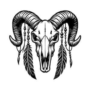 Ram schedel met veren vectorillustratie, SVG, PNG, JPG, ram schedel kunst & clipart, ram schedel silhouet, tribal ram schedel, boho ram schedel