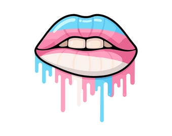 May include: A graphic illustration of lips featuring a horizontal color scheme of light blue, pink, and white. The design includes a thick black outline and a dripping effect at the bottom, where vertical streaks of blue, pink, and white paint descend.