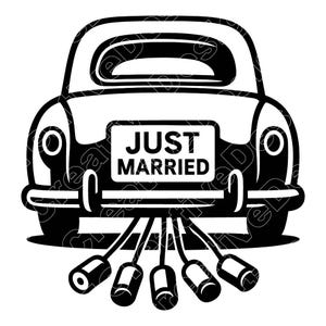 May include: Black and white illustration of the back of a vintage car with the words "JUST MARRIED" on the license plate. The car has five cans tied to the bumper, a classic wedding tradition.