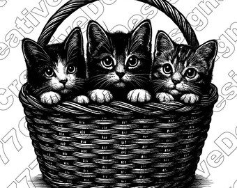 Cute Kittens In Woven Basket Vector Illustration, Svg, Png, Jpg, Kitten Art, Cat Clipart, Cut Files, Kitten Silhouette, Kitten, Adorable Cat