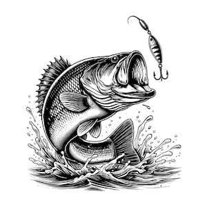 May include: A black and white graphic illustration of a largemouth bass jumping out of the water with its mouth wide open. A metal fishing lure with a treble hook hangs in the air above the fish, surrounded by detailed water splashes.