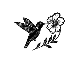Hummingbird With Flower Vector Illustration, Hummingbird SVG, Hummingbird PNG, Hummingbird Art, Hummingbird Silhouette, Floral Hummingbird