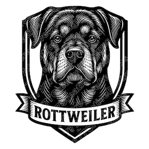 May include: Black and white Rottweiler dog portrait within a shield design. The dog's face is detailed with fur texture, and the word "ROTTWEILER" is displayed on a banner below the dog.