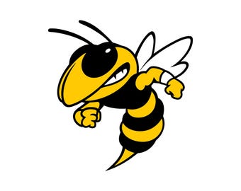 May include: A graphic illustration of a yellow and black wasp character in a dynamic pose. The wasp features a large head with a black eye, a pointed snout, visible white teeth, and a muscular body with striped abdomen and wings.