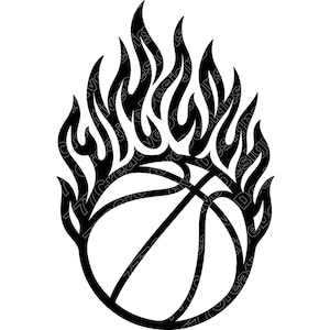 May include: Black and white graphic of a basketball engulfed in flames. The basketball is depicted with its characteristic lines, and the flames surround the ball, creating a dynamic and energetic design.