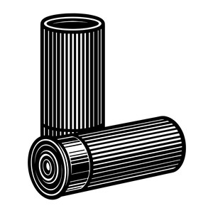 May include: A black and white graphic illustration of two shotgun shells. One shell is positioned vertically, while the other is lying horizontally in front of it. Both shells feature a ribbed texture on the casing and a circular base design.