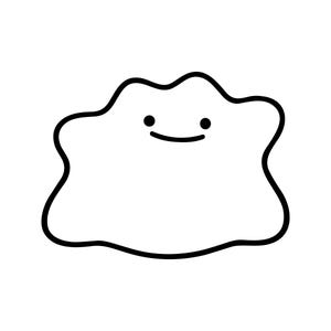 May include: A simple black and white line drawing of a blob-shaped character with an irregular, rounded outline. The character features two small black dots for eyes and a single curved line representing a simple, subtle smile centered on its face.
