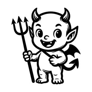 May include: A black and white graphic illustration of a cartoon devil character. The figure has small horns, pointed ears, a tail with a pointed tip, and small wings. It is smiling with visible teeth and holding a three-pronged pitchfork in one hand.