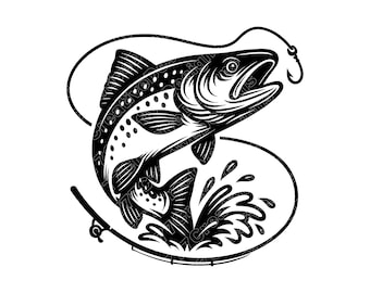 Trout Jumping Vector Illustration, Trout SVG, Trout PNG, Trout JPG, Trout Art, Trout Clipart, Trout Silhouette, Jumping Trout, Fishing Trout