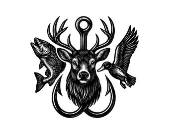 Deer Duck Fish Hunting Vector Illustration, Deer SVG, PNG, JPG, Hunting Clipart, Buck Silhouette, Deer Hunting, Duck Hunting, Fish Hunting