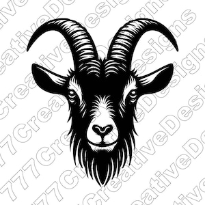 May include: Black and white illustration of a goat's head with horns. The goat has a beard and a friendly expression.