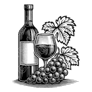 May include: Black and white illustration of a wine bottle, a wine glass filled with red liquid, grapes, and grape leaves. The bottle has a blank label. The image is a classic design, suitable for wine-related products.