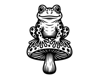 Könnte beinhalten: Eine schwarz-weiße grafische Illustration eines Frosches mit gepunkteter Haut, der auf einem Pilz sitzt. Der Frosch hat große Augen und ist mittig platziert, während der Pilz einen breiten, gepunkteten Hut und einen detaillierten Stiel hat.