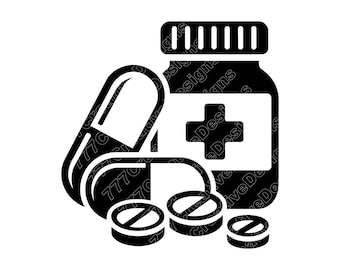 Medicine Bottle and Pills Vector Illustration, SVG, PNG, JPG, Medicine Art, Pill Clipart, Bottle Silhouette, Pharmacy Bottle, Medical Pills