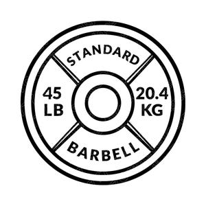 May include: Black and white barbell weight plate with the words "STANDARD" and "BARBELL". The plate is labeled "45 LB" and "20.4 KG". The design is circular with a central hole and four radiating spokes.