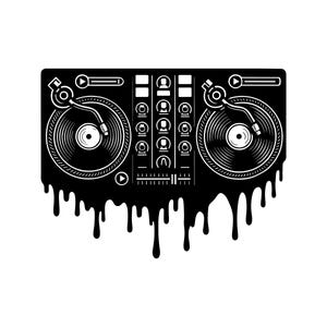 Puede incluir: Una ilustración gráfica en blanco y negro de un controlador de DJ con dos platos y una sección de mezclador central. El borde inferior del dispositivo rectangular parece derretirse con gotas de líquido negro hacia abajo.