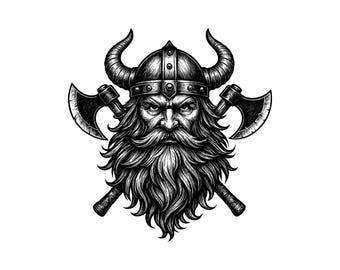 May include: A black and white ink-style illustration of a bearded warrior wearing a horned helmet. The figure is positioned in front of two crossed battle axes, featuring detailed line work and shading that emphasises the facial features.