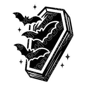 May include: Black and white Halloween-themed graphic featuring a coffin with three bats flying out. The coffin is outlined in white, with a stylized design. Four stars are scattered around the coffin and bats.