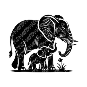 May include: A black and white illustration of an adult elephant and a baby elephant standing side by side. The adult elephant has large ears and a long trunk. A small flower and grass are at the bottom.