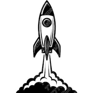 May include: Black and white illustration of a rocket ship blasting off. The rocket has a streamlined design with a circular window and fins. Smoke billows from the base as it ascends, creating a dynamic and energetic image.